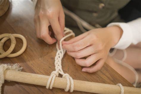 Female Hands Doing Macrame Handcraft Hobby Hands Of Woman At Home