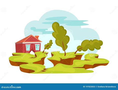 Earthquake Nature Disaster In Small City Flat Cartoon Vector