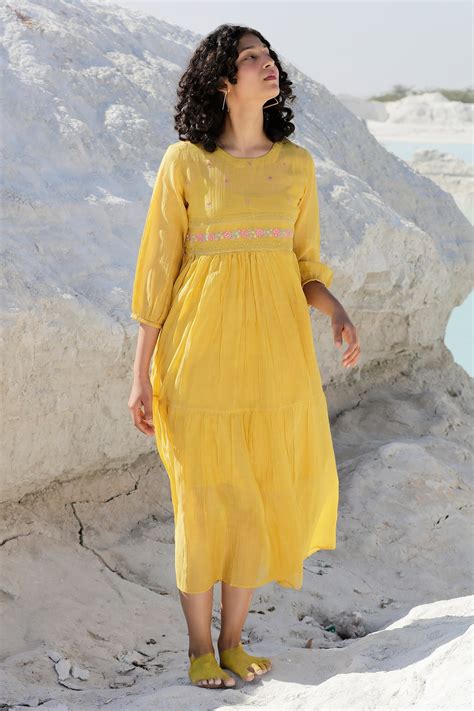 Buy Yellow Dress Handloom Chanderi Embroidery Resham Round For Women By