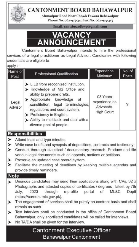 Bahawalpur Cantonment Board Jobs June 2023 Advertisement