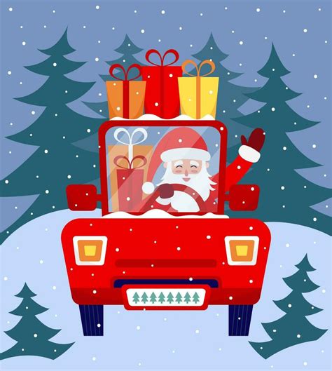 Christmas Santa Claus Driving Red Car With T Boxes Vector Flat