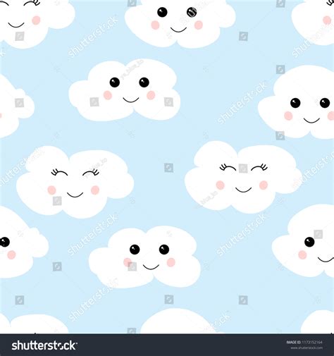 Vektor Stok Cute Smiling Clouds Seamless Pattern Vector Tanpa Royalti