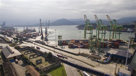 Aerial View Port of Santos - Container Ship Being Loaded at the Stock Image - Image of harbor ...