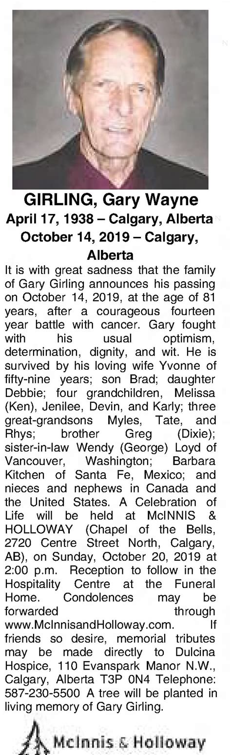 Obituary For Gary Wayne Girling 1938 2019 Aged 81 ™