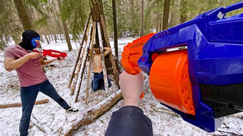 Nerf War Escape From Captivity In The Winter Forest Bandit Base