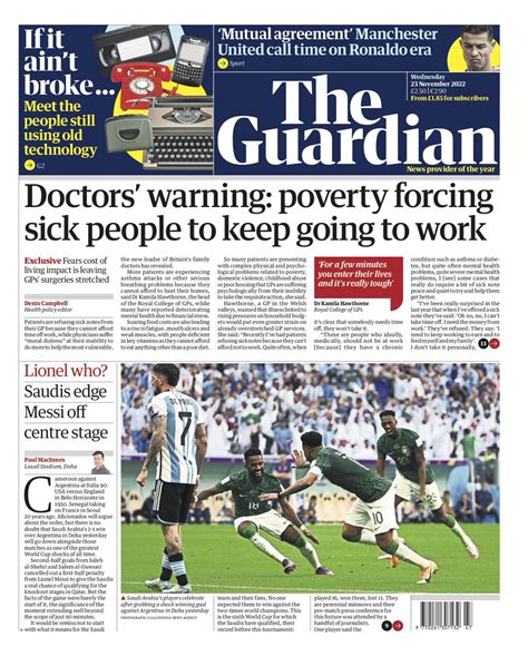 Guardian Front Page 23rd Of November 2022 Tomorrows Papers Today