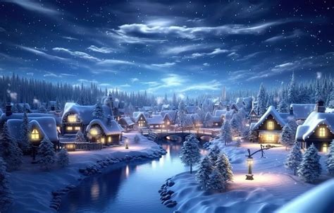 Wallpaper Winter Snow Night New Year Village Christmas Houses