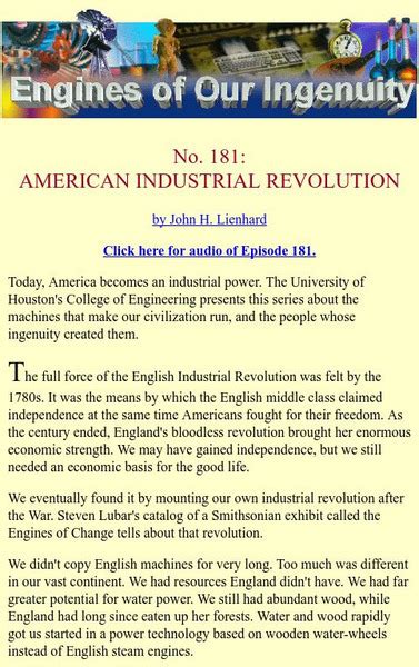 University Of Houston Engines Of Our Ingenuity American Industrial Revolution Handout For 6th