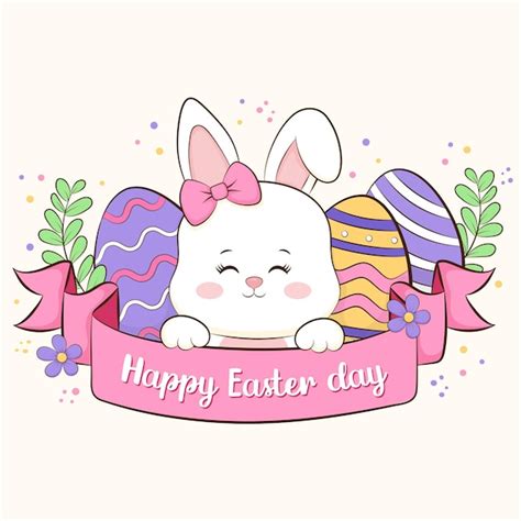 Premium Vector Happy Easter Greeting Card Bunny With Easter Eggs