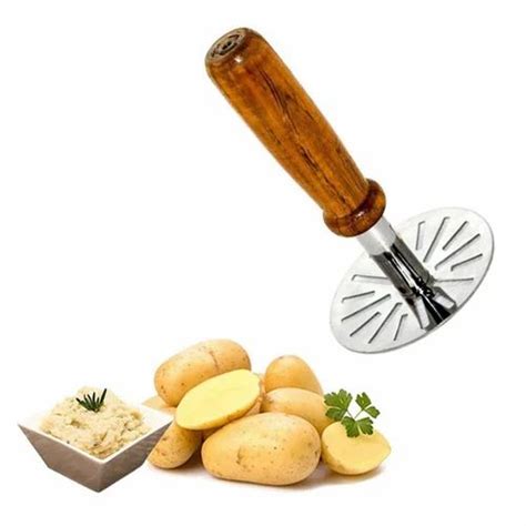 Silver Stainless Steel Potato Masher Pav Bhaji Masher With Wooden