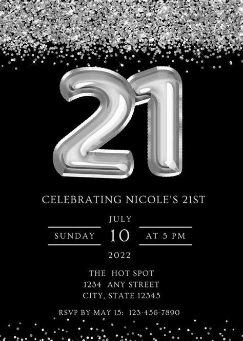 Editable 21st Birthday Invitation Black And Silver Etsy 19th Birthday