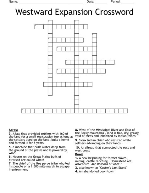 Westward Expansion Vocabulary Crossword WordMint