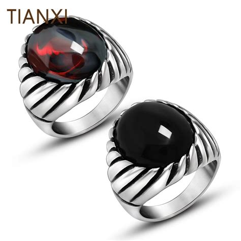 Tianxi Silver Color Stainless Steel Ring Red Stone Retro Style Men S