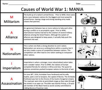 Causes Of World War 1 Graphic Organizer MANIA By Will Pulgarin