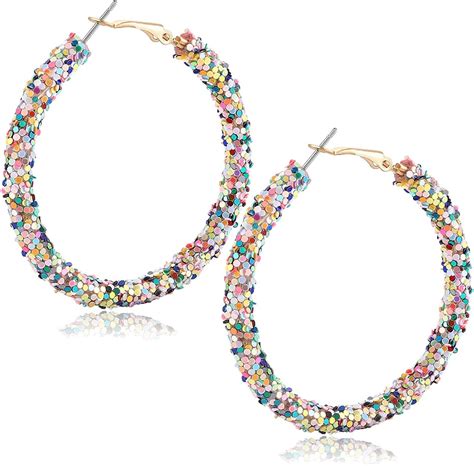 Urwomin Rhinestone Hoop Earrings For Women Handmade Bohemian Glitter