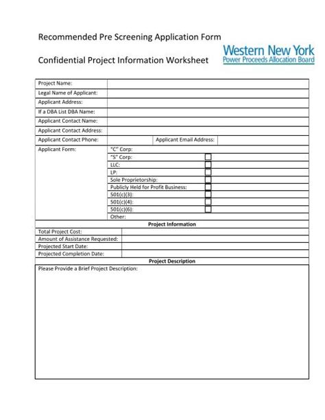 Recommended Pre Screening Application Form Confidential Project