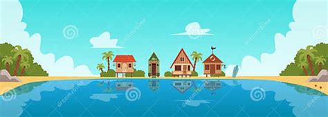 Beach Resort With Guest Houses Or Bungalows Flat Cartoon Vector