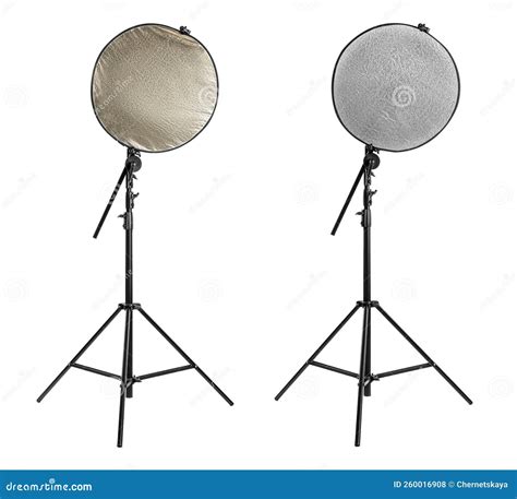 Tripods With Reflectors On White Background Professional Photographer