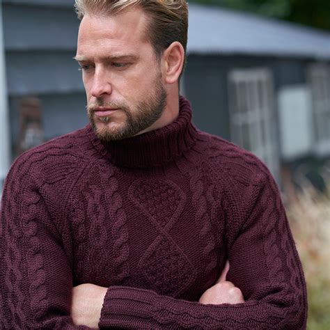 Dark Plum Pure Wool Knitted Aran Polo Neck Jumper Scott S Of Stow