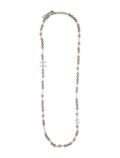 Chanel Faux Pearl Cc Station Necklace Palladium Plated Bead Strand