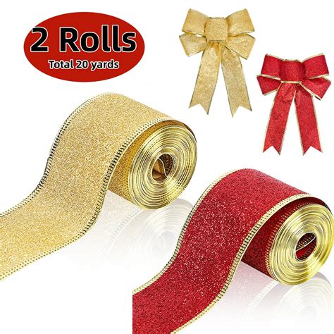 Walmart Christmas Wired Edge Ribbon Gold Red Glitter For Diy Crafts