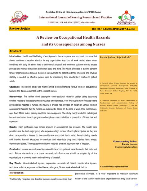 PDF A Review On Occupational Health Hazards And Its Consequences