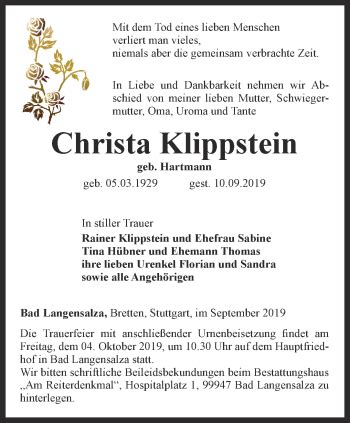 Traueranzeigen Von Christa Klippstein Trauer In Thueringen De