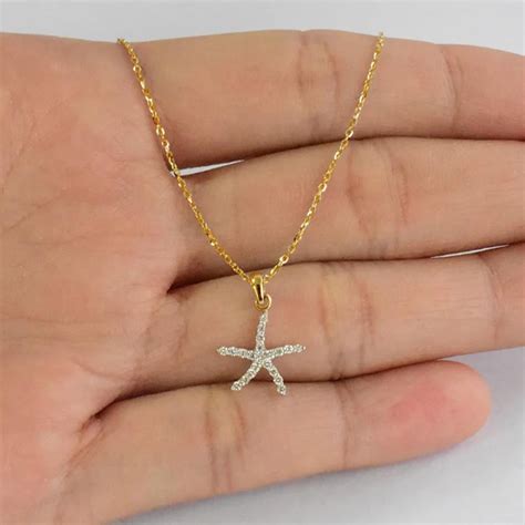 14k Gold Diamond Starfish Necklace Nautical Starfish Charm Pendant For