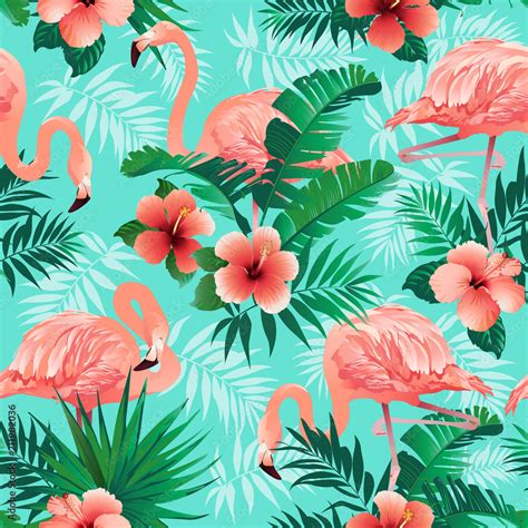 Pink Flamingos Exotic Birds Tropical Palm Leaves Trees Jungle