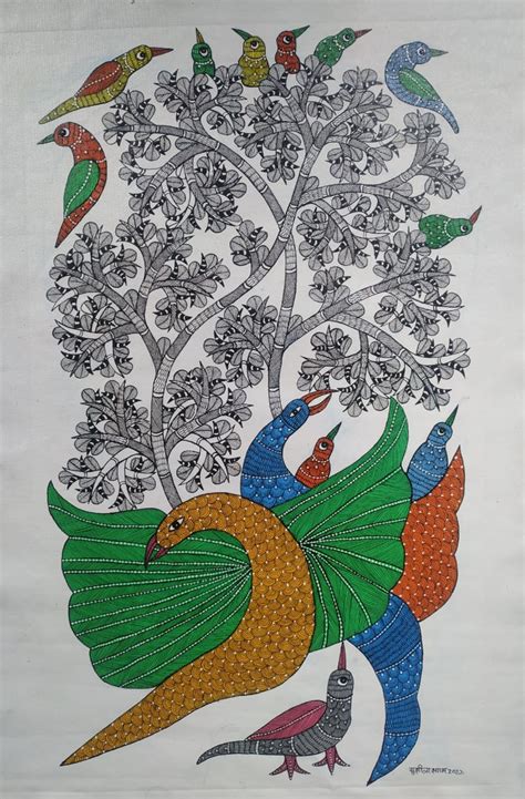 Dancing Birds Gond Painting 2ft X 3ft International Indian Folk