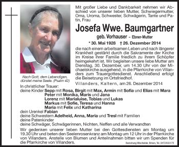 Traueranzeigen Von Josefa Baumgartner Trauer Bz