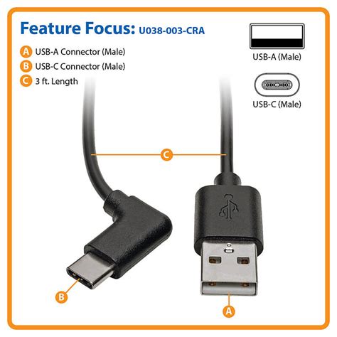 USB A to C Cable, Right Angle USB C, 2.0, 3 Foot | Eaton