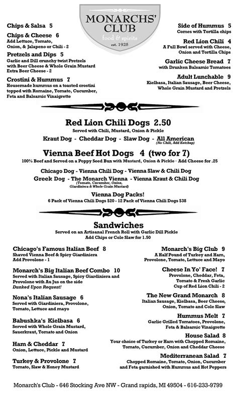 Monarchs Club Corner Bar Food Menu | Grand Rapids, MI