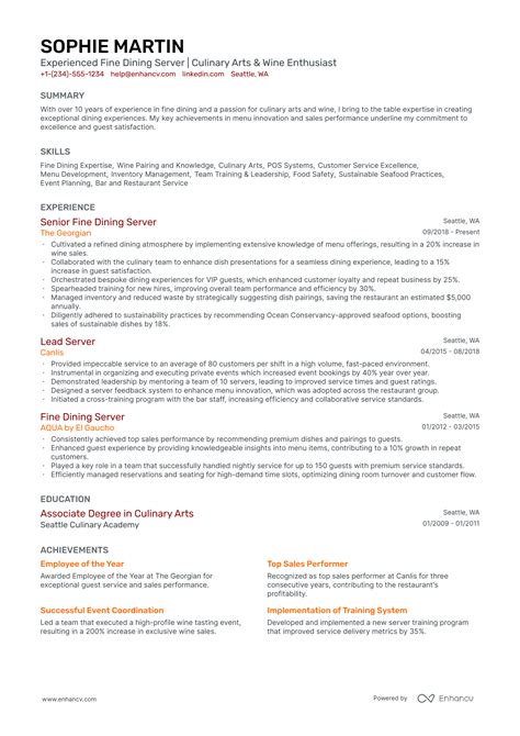 5 Fine Dining Server Resume Examples Guide For 2024