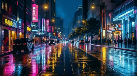 Night Scene Of After Rain City In Cyberpunk Style Futuristic Nostalgic