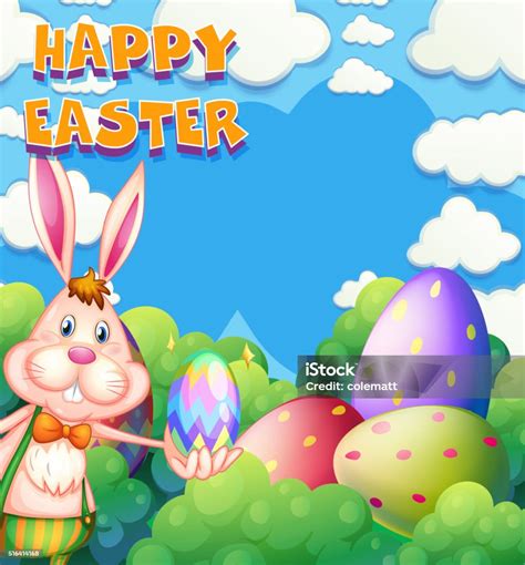 Happy Easter Poster With Bunny And Eggs In The Bush Stock Illustration