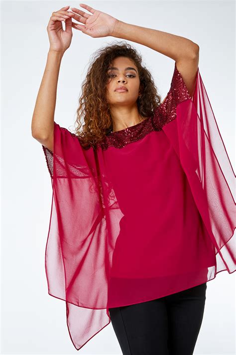 Sequin Embellished Chiffon Overlay Top In Port Roman Originals Uk