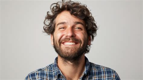 Premium Photo Portrait Of A Smiling Man With Curly Hair And Beard