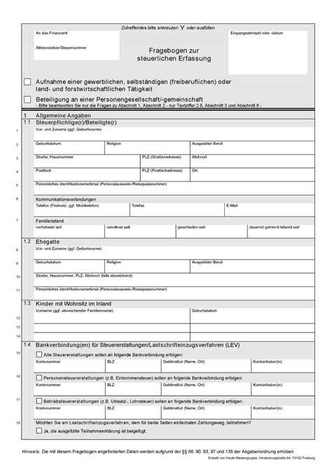 Fragebogen Zur Steuerlichen Erfassung