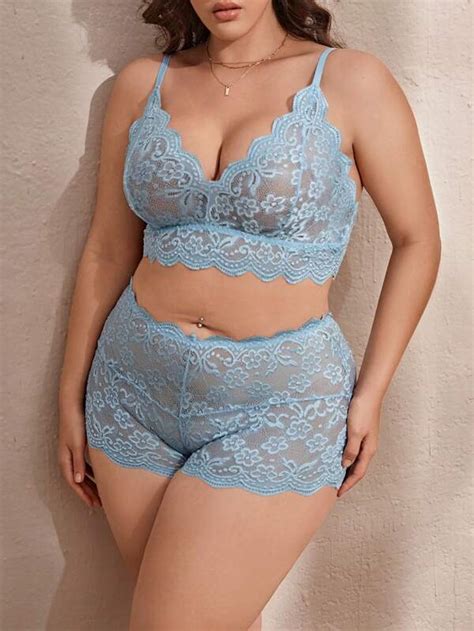 Plus Floral Lace Scallop Trim Lingerie Set SHEIN USA