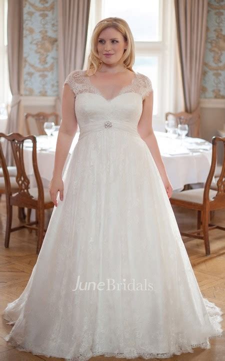 A Line Long V Neck Cap Empire Lace Brush Train Broach Dress June Bridals