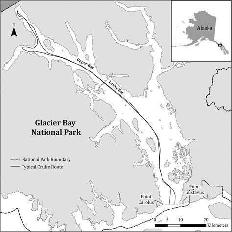 Map of Glacier Bay in Glacier Bay National Park, Alaska. Gray dashed ...