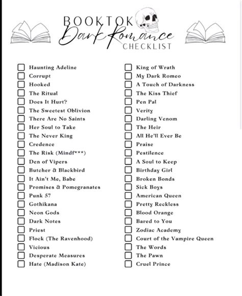 Book Checklist In Book Reading Journal Dark Romance Books