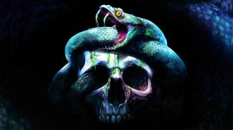 Green snake and white skull illustration, digital art, skull, teeth ...