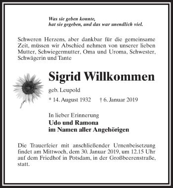 Traueranzeigen Von Sigrid Willkommen Trauer Anzeigen De