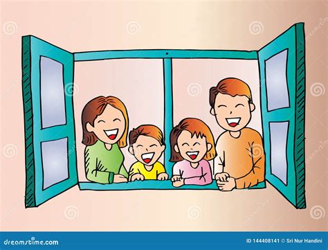 Desenhos Animados Da Família Feliz Na Janela Aberta Ilustração do Vetor