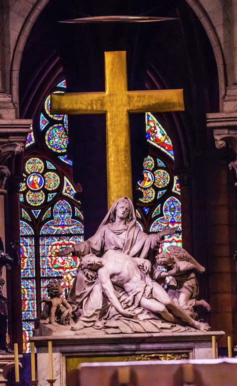 Pieta Statue Cross Stained Glass Notre Dame Cathedral Paris Fran