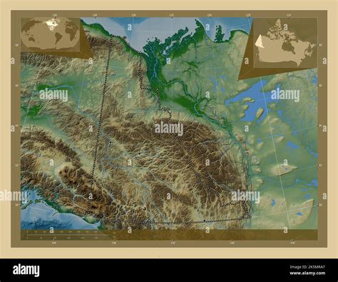 Yukon, territory of Canada. Colored elevation map with lakes and rivers ...