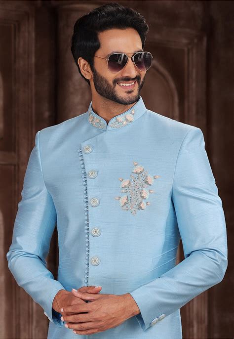 Hand Embroidered Art Silk Asymmetric Sherwani In Sky Blue Mly