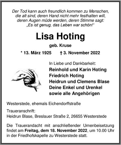 Traueranzeigen Von Lisa Hoting Nordwest Trauer De